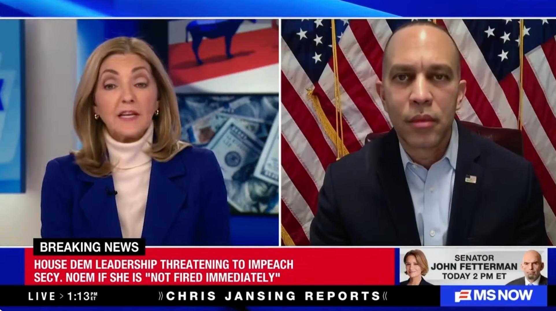 Chris Jansing (left) and Leader Jeffries (right) appearing on MS NOW's Chris Jansing Reports