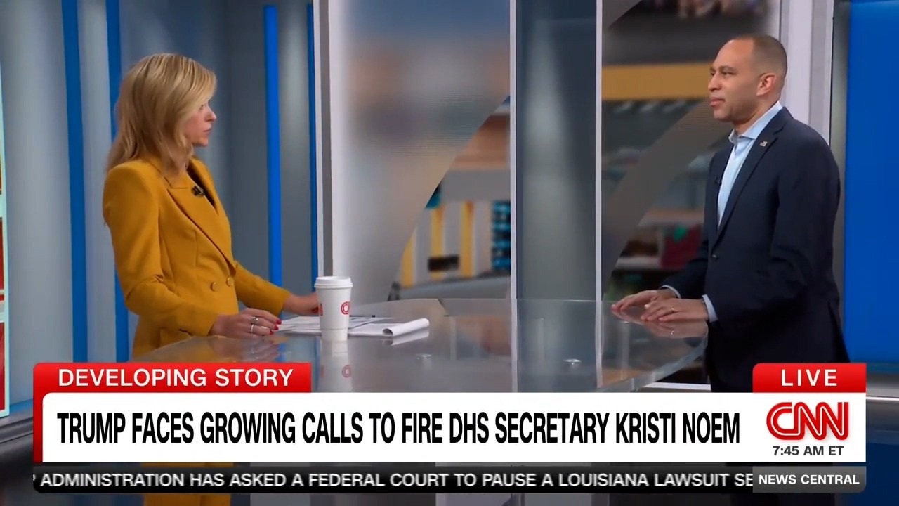 Kate Bolduan (left) and Leader Jeffries (right) standing at a glass table on CNN's CNN News Central