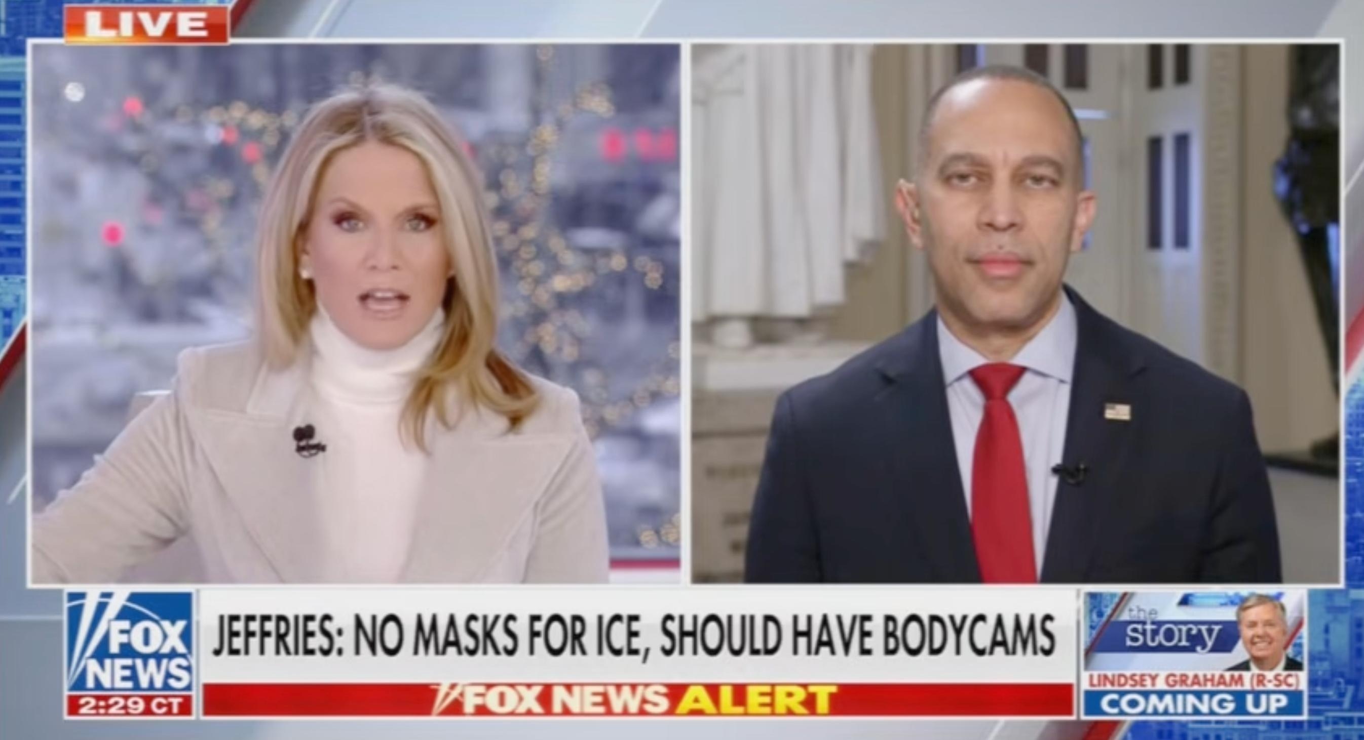 Martha MacCallum (left) and Leader Jeffries (right) appearing on Fox News' The Story with Martha MacCallum