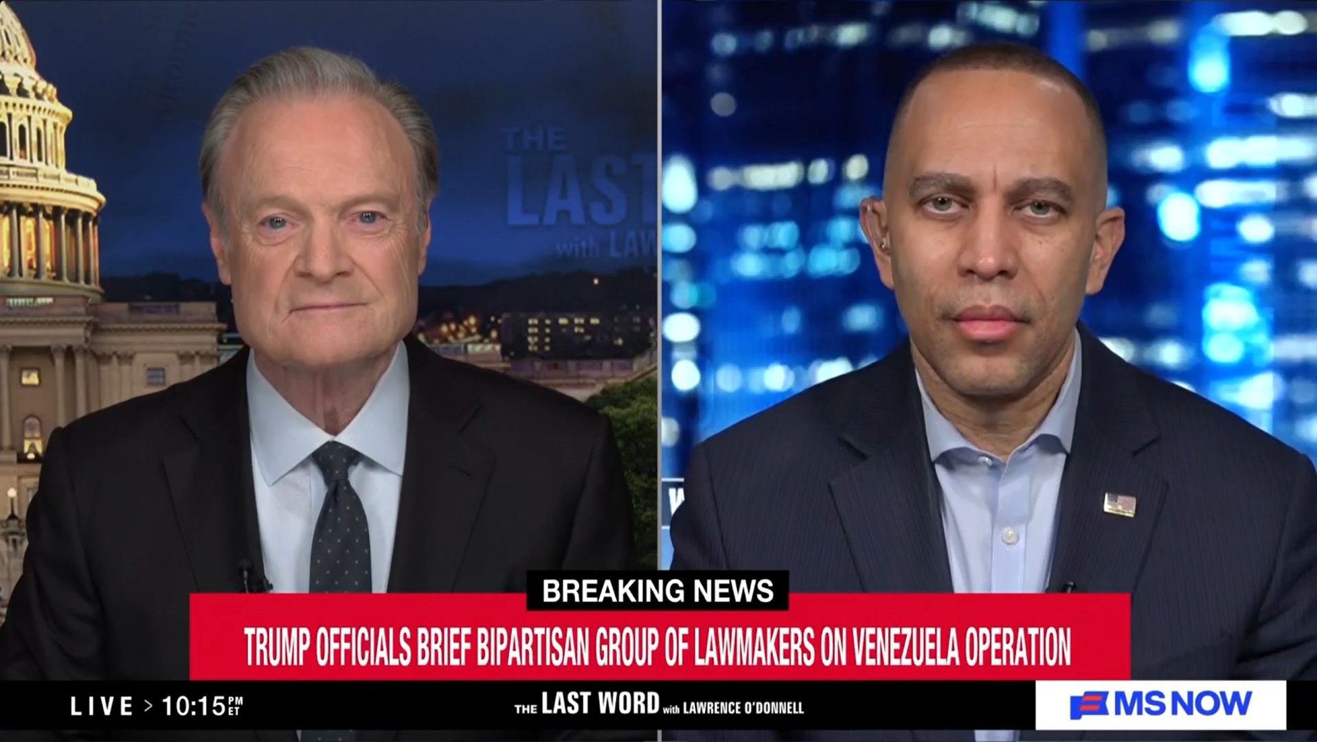 Lawrence O'Donnell (left) and Leader Jeffries (right) appearing on MS NOW's The Last Word with Lawrence O'Donnell