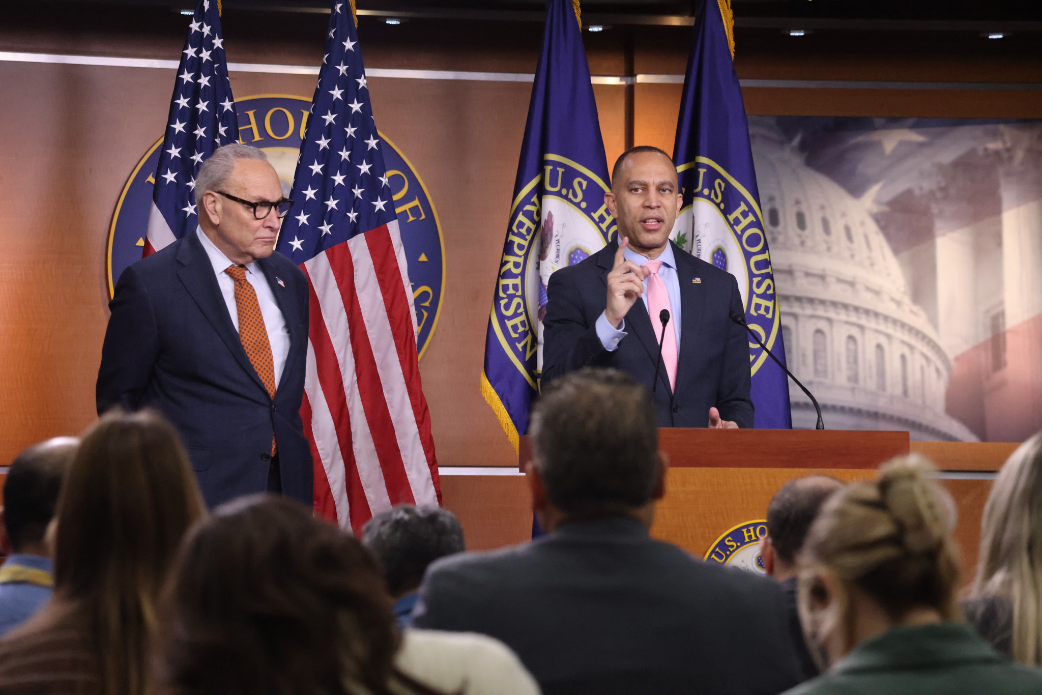 Leader Jeffries (right) speaking at a press conference joined by Senate Democratic Leader Chuck Schumer (left)