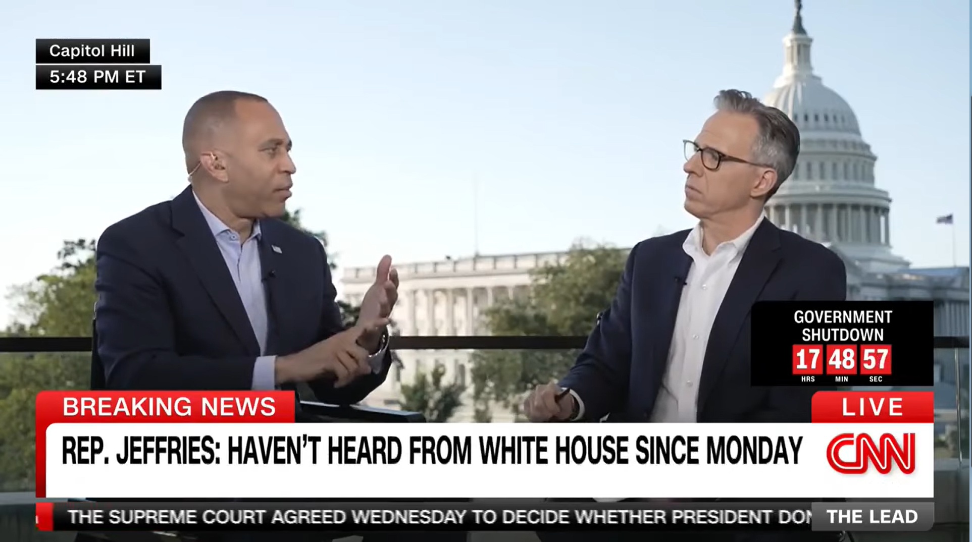 Leader Jeffries (left) and Jake Tapper (right) on Cannon House Office Building terrace