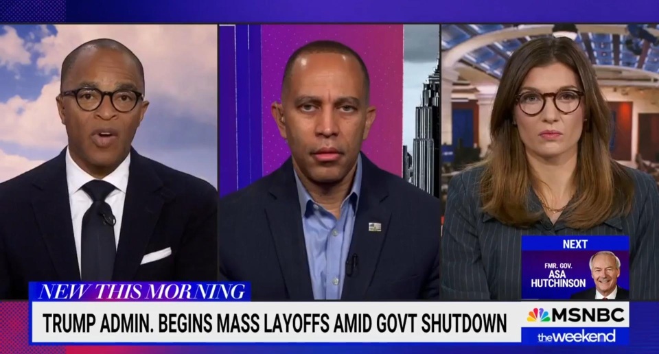 Jonathan Capehart (left), Leader Jeffries (center) and Jackie Alemany (right) appearing on MSNBC's The Weekend