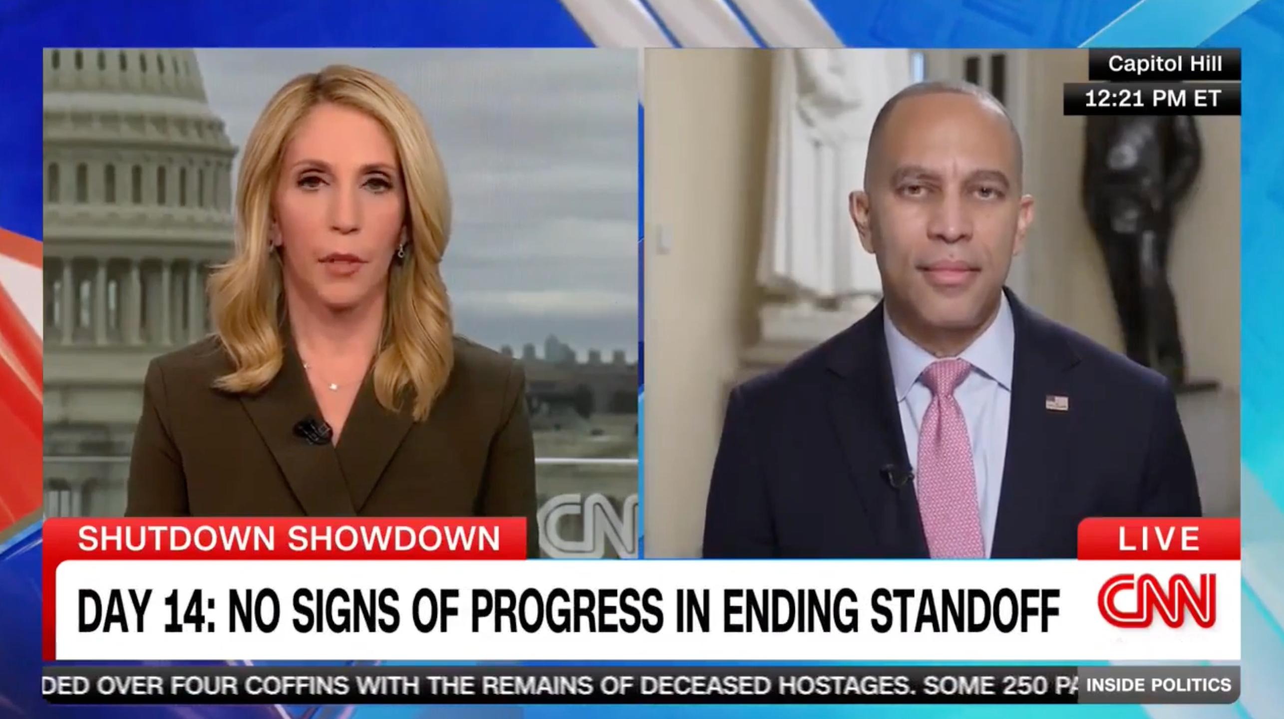 Dana Bash (left) and Leader Jeffries (right) appearing on CNN's Inside Politics with Dana Bash