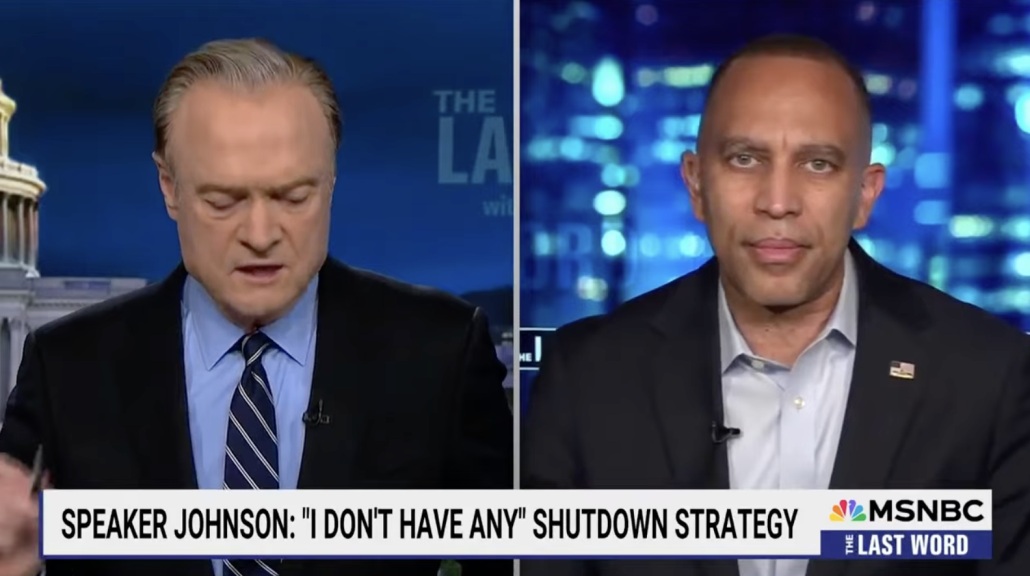Lawrence O'Donnell (left) and Leader Jeffries (right) appearing on MSNBC's The Last Word with Lawrence O"Donnell