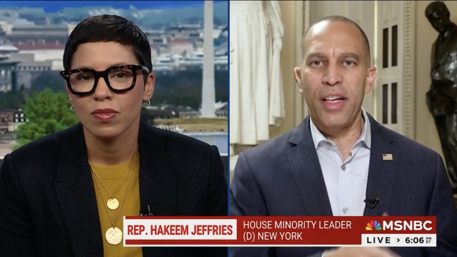 Melissa Murray (left) and Leader Jeffries (right) appearing on MSNBC's The Beat