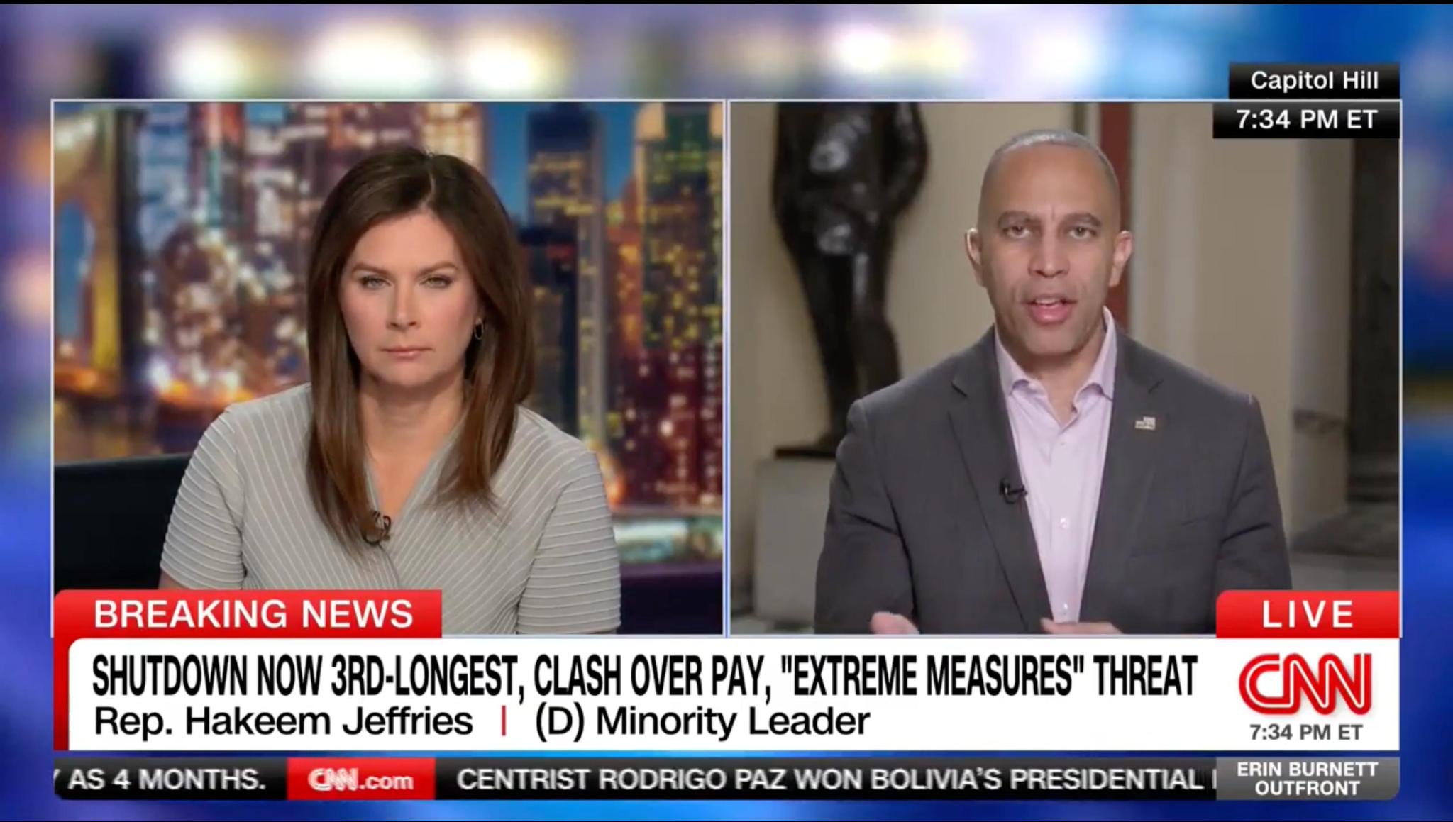 Erin Burnett (left) and Leader Jeffries (right) appearing on CNN's Erin Burnett OutFront