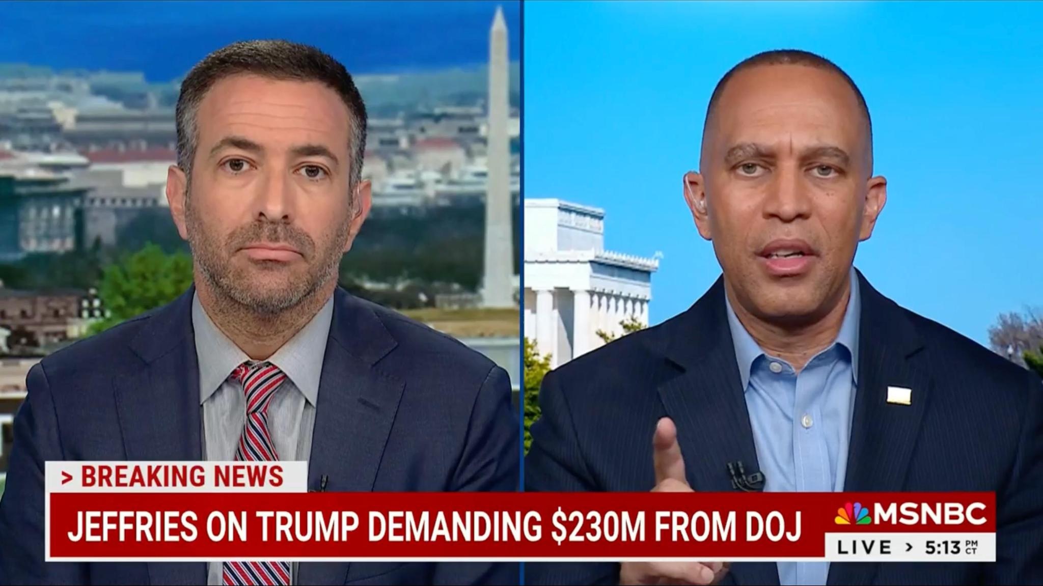 Ari Melber (left) and Leader Jeffries (right) appearing on MSNBC's The Beat with Ari Melber