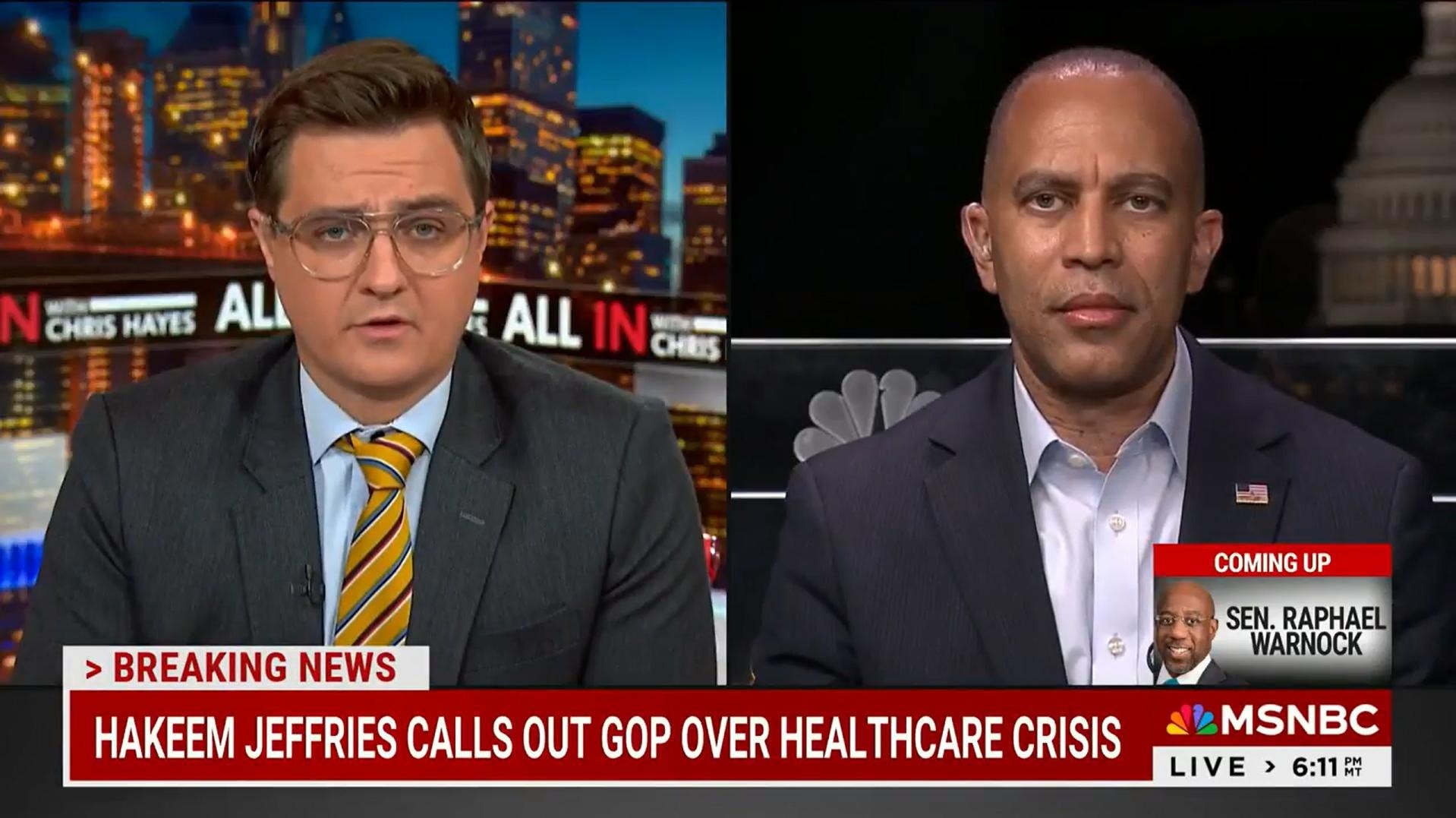 Chris Hayes (left) and Leader Jeffries (right) appearing on MSNBC's All In with Chris Hayes
