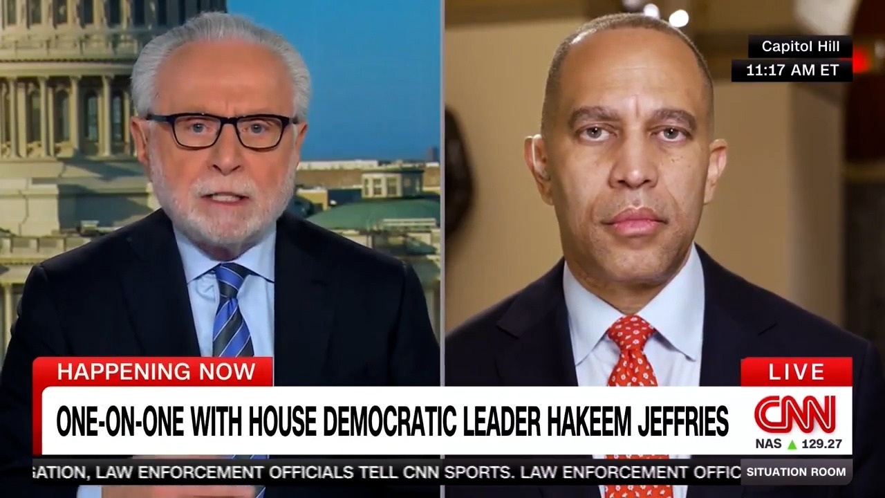 Wolf Blitzer (left) and Leader Jeffries (right) appearing on CNN's The Situation Room