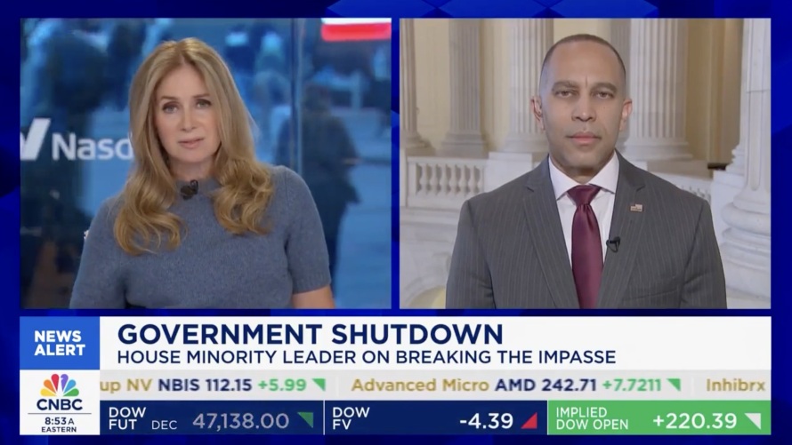 Becky Quick (left) and Leader Jeffries (right) appearing on CNBC's Squawk Box