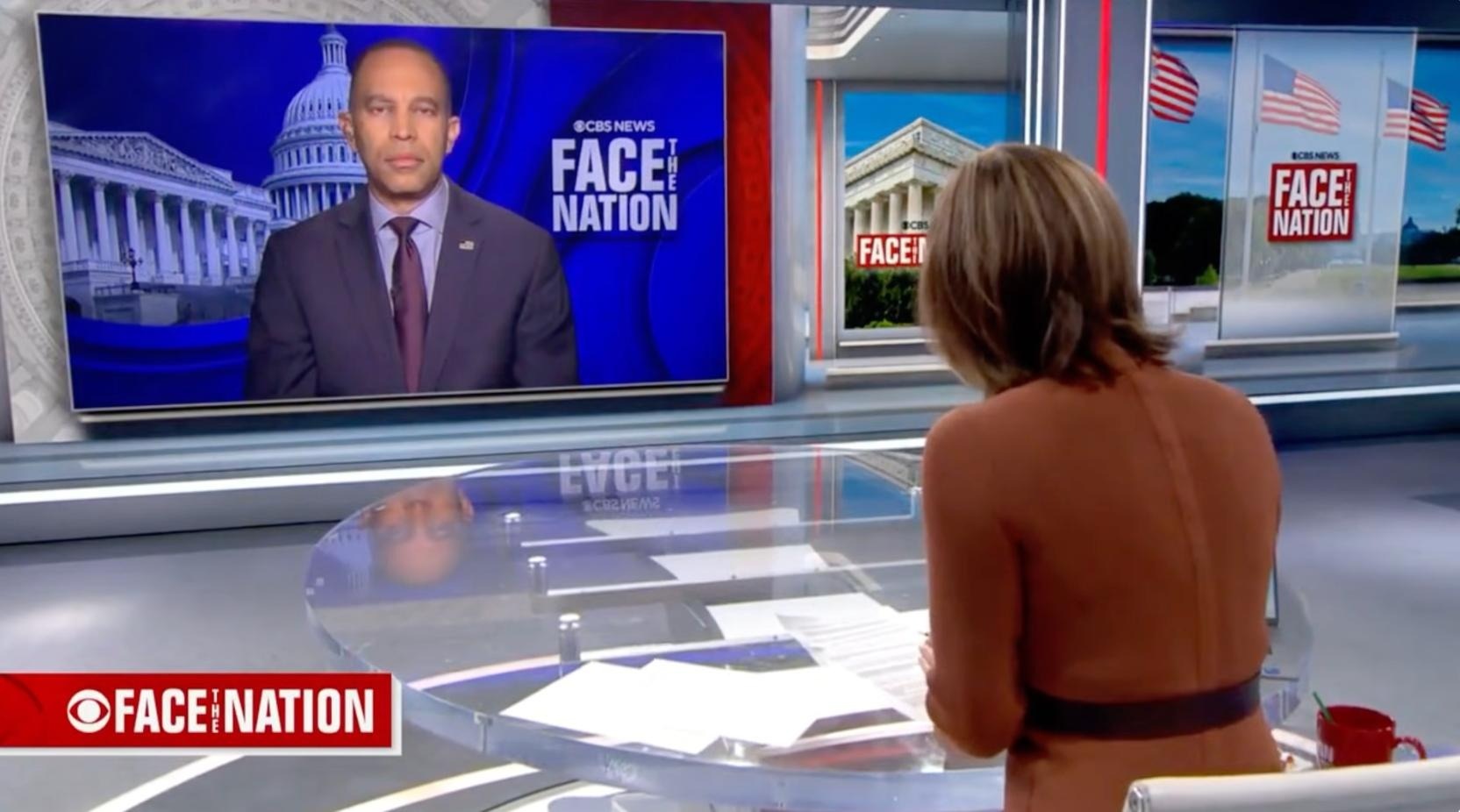 Leader Jeffries (left) and Margaret Brennan (right) on CBS' Face the Nation