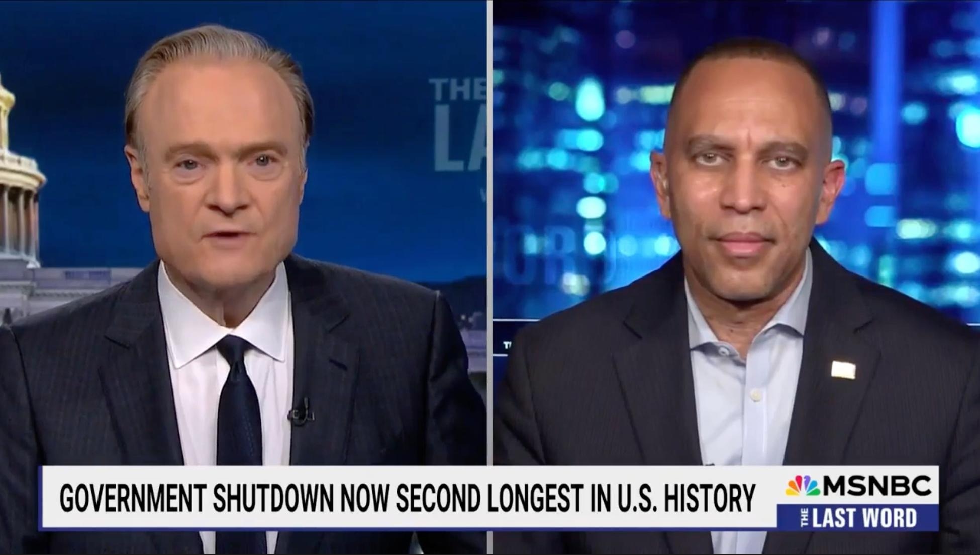 Lawrence O'Donnell (left) and Leader Jeffries (right) appearing on MSNBC's The Last Word with Lawrence O"Donnell