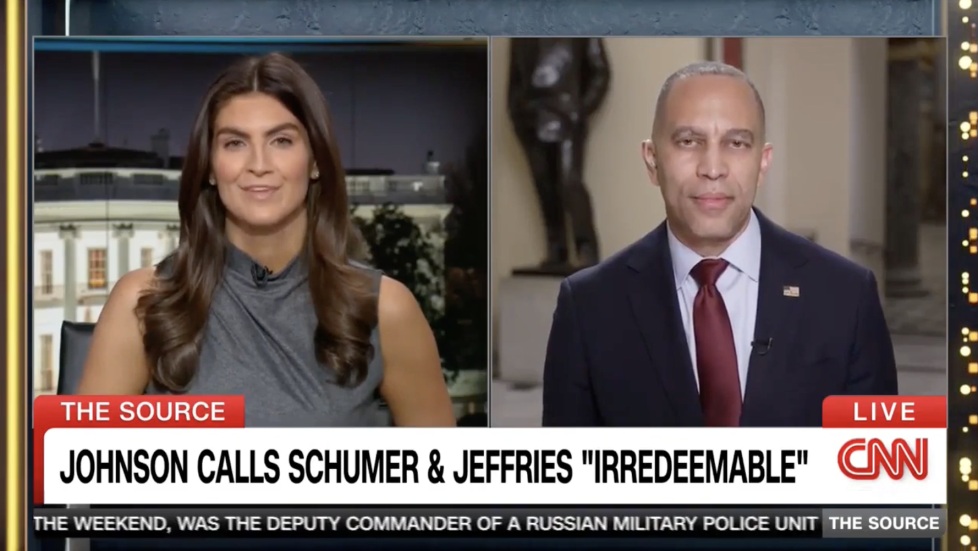 Kaitlan Collins (left) and Leader Jeffries (right) appearing on CNN's The Source with Kaitlan Collins