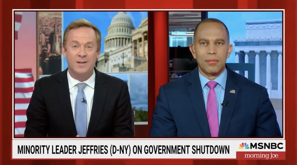 Jonathan Lemire (left) and Leader Jeffries (right) appearing on MSNBC's Morning Joe
