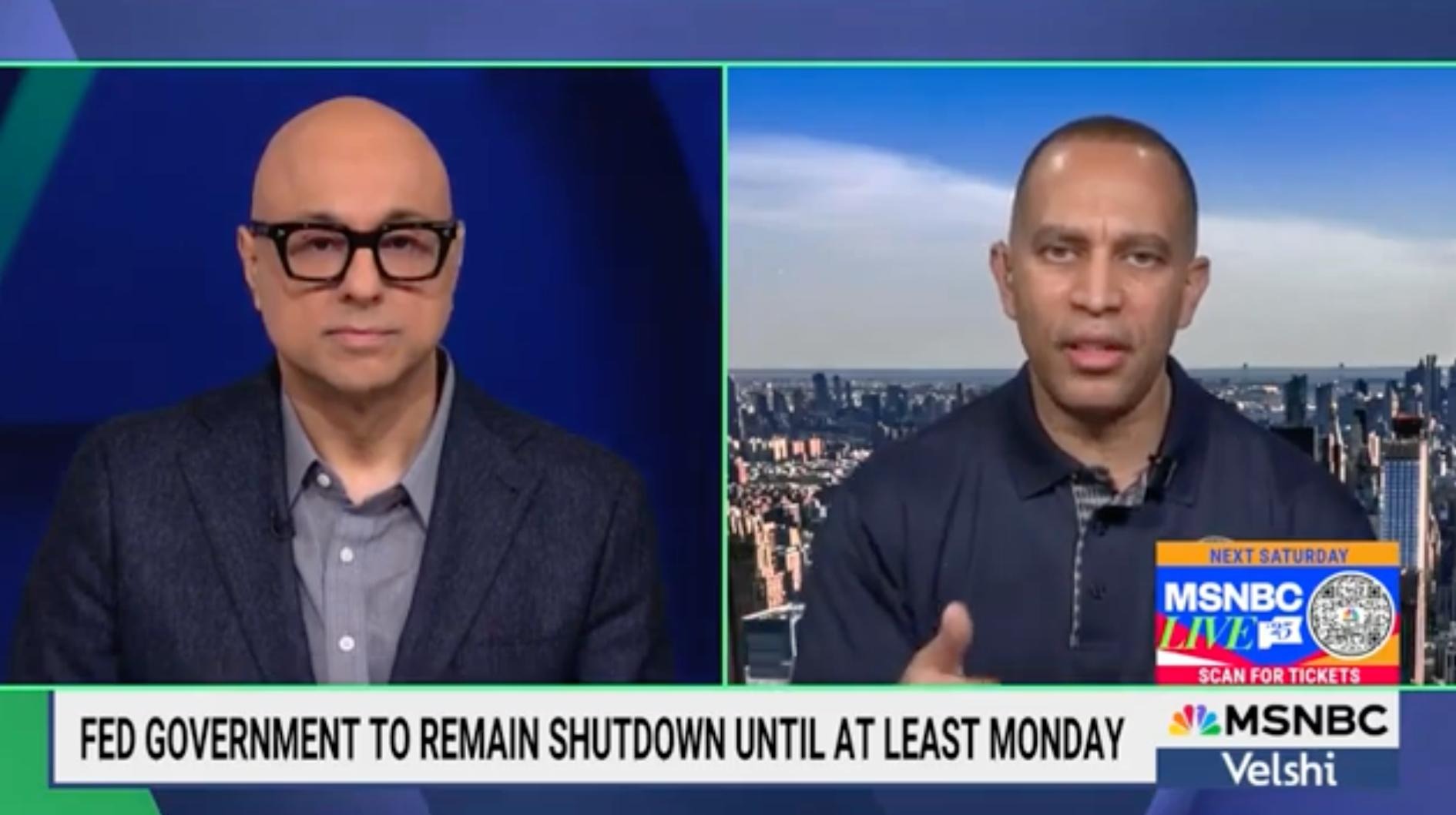 Ali Velshi (left) and Leader Jeffries (right) appearing on MSNBC's Velshi