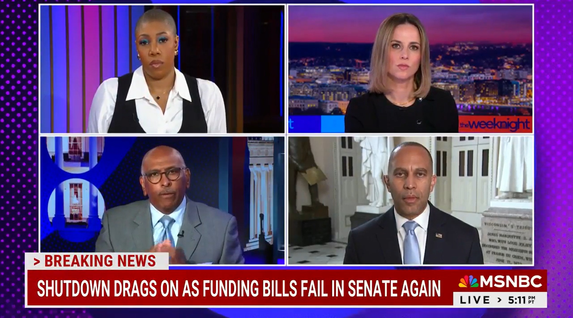Clockwise from top left: Symone Sanders-Townsend, Alicia Menendez, Leader Jeffries and Michael Steele appearing on MSNBC's The Weeknight