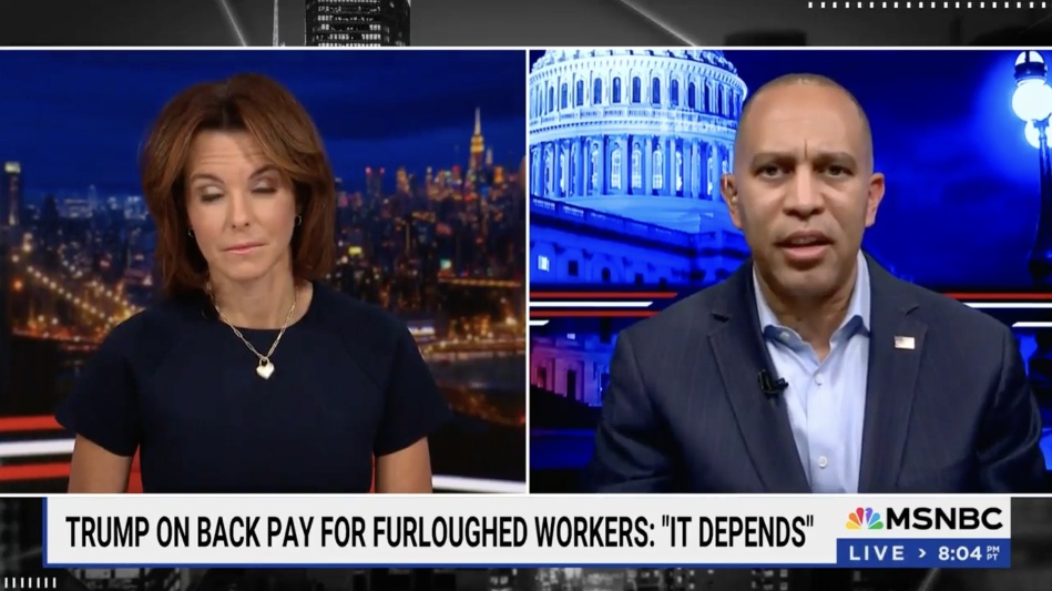Stephanie Ruhle (left) and Leader Jeffries (right) appearing on MSNBC's The 11th Hour with Stephanie Ruhle
