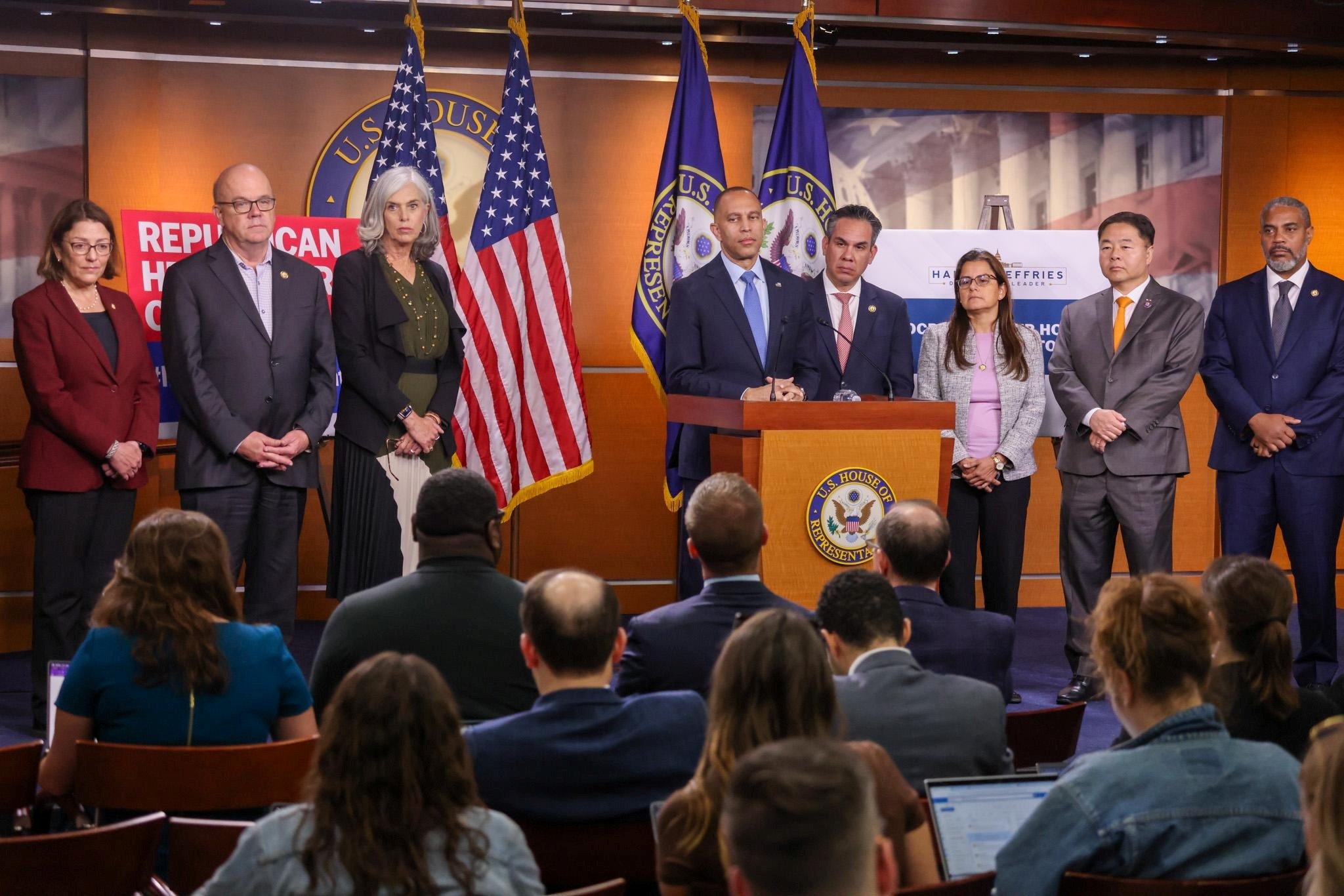 From left to right, Rep. Suzan DelBene, Rep. Jim McGovern, Democratic Whip Katherine Clark, Democratic Leader Hakeem Jeffries, Democratic Caucus Chair Pete Aguilar, Rep. Nanette Barragán, Democratic Caucus Vice Chair Ted Lieu and Rep. Steven Horsford speaking at a press conference