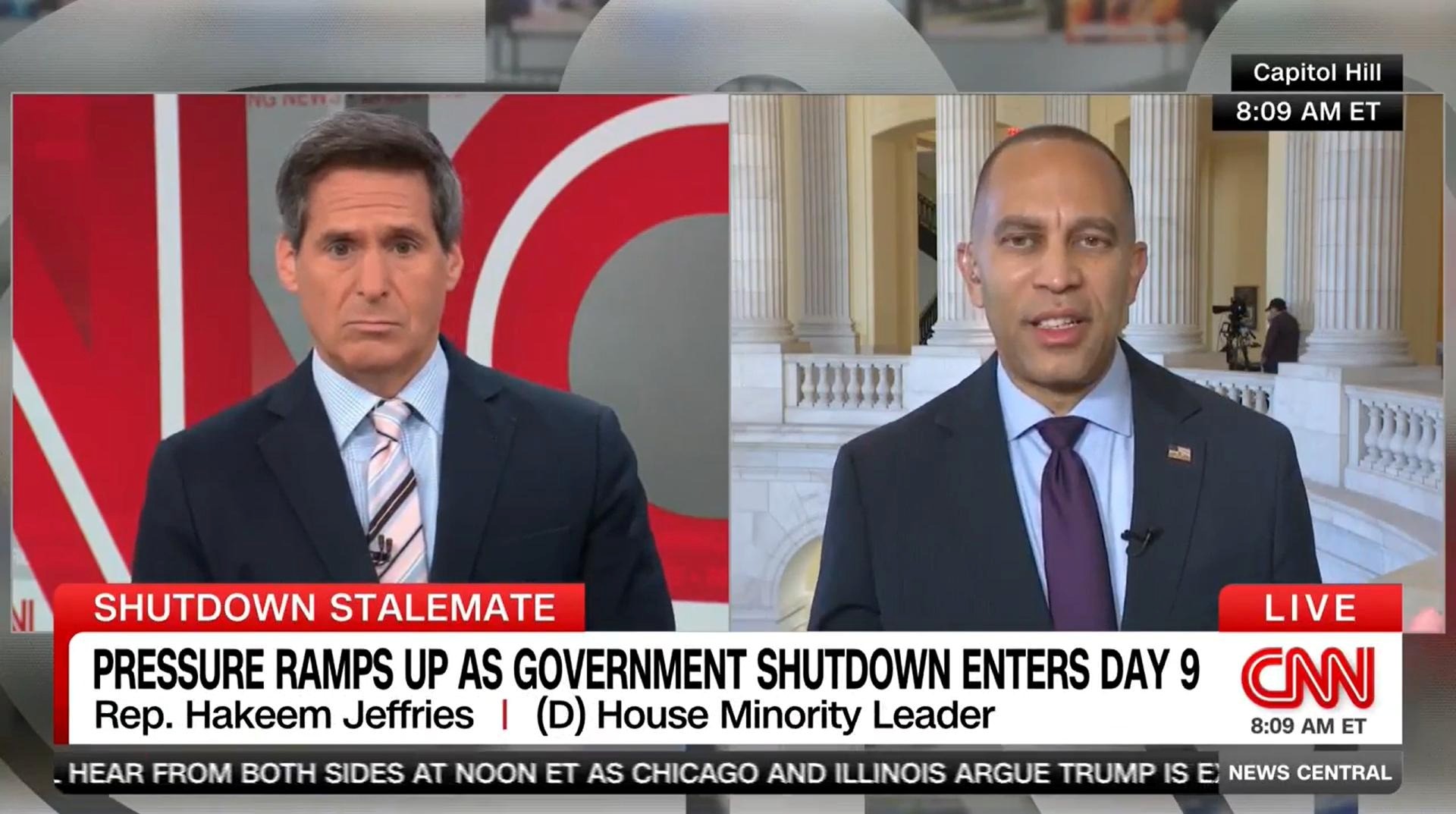 John Berman (left) and Leader Jeffries (right) appearing on CNN's CNN News Central