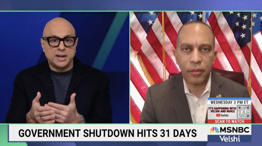 Ali Velshi (left) and Leader Jeffries (right) appearing on MSNBC's Velshi