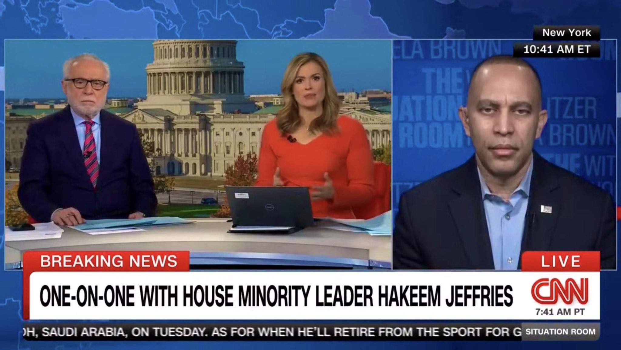 Wolf Blitzer and Pamela Brown (left) and Leader Jeffries (right) appearing on CNN's The Situation Room