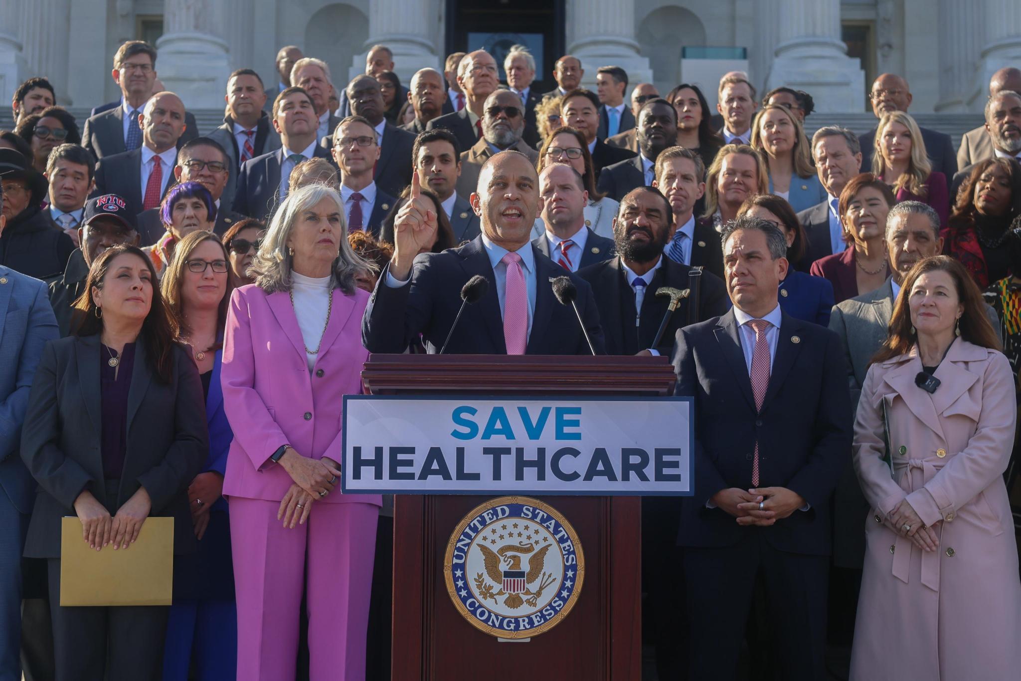 First row from left to right, Rep. Luz Rivas, Rep. Sarah McBride, Whip Katherine Clark, Leader Jeffries, Chair Pete Aguilar, Rep. Kristen McDonald Rivet