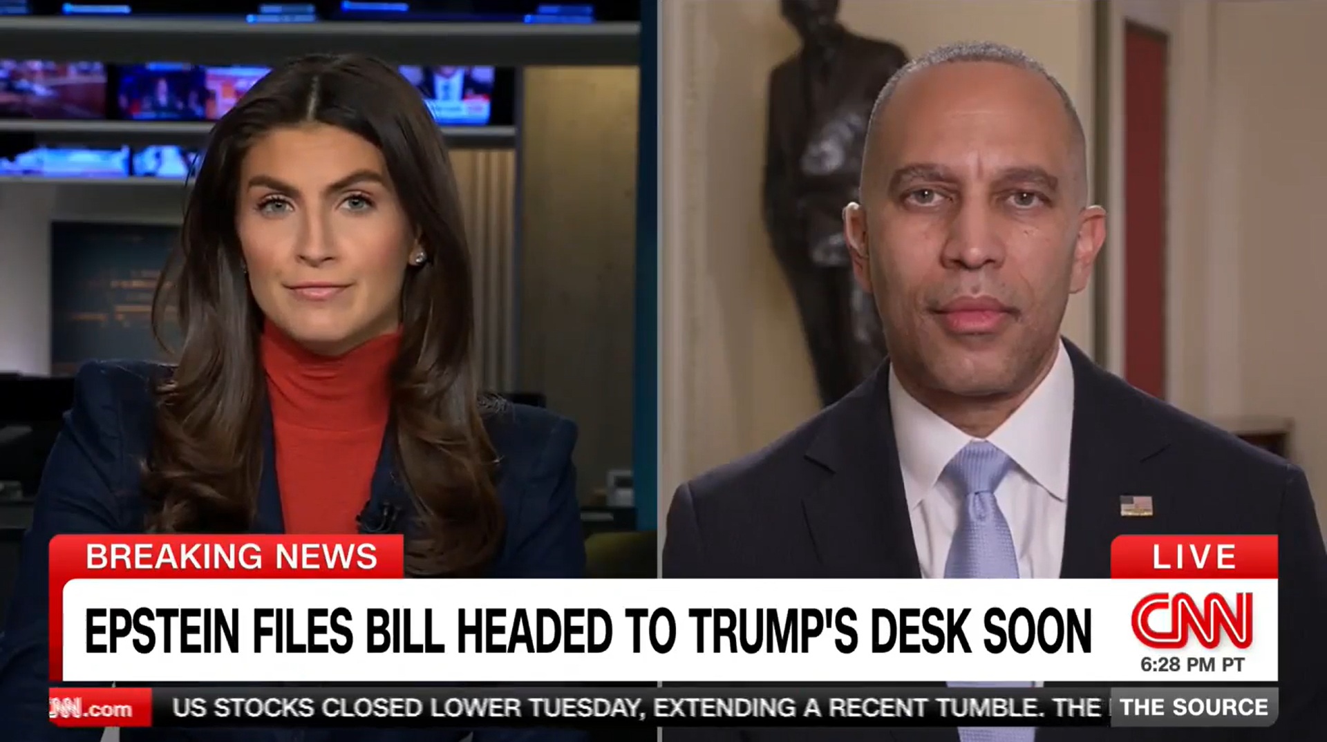 Kaitlan Collins (left) and Leader Jeffries (right) appearing on CNN's The Source with Kaitlan Collins