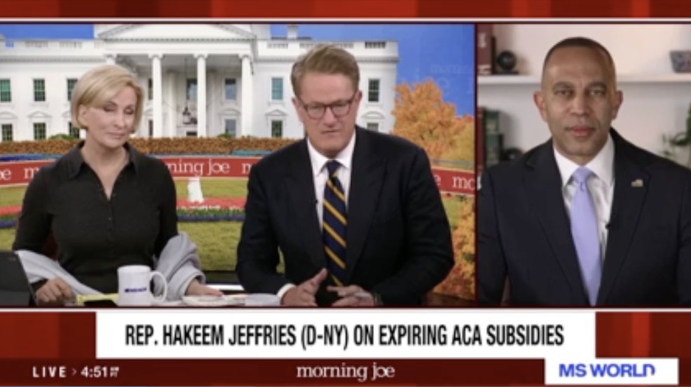 Mika Brzezinski and Joe Scarborough (left) and Leader Jeffries (right) appearing on screen