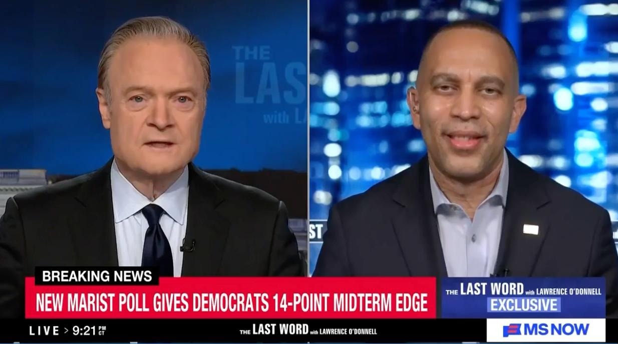 Lawrence O'Donnell (left) and Leader Jeffries (right) appearing on MS NOW's The Last Word with Lawrence O'Donnell