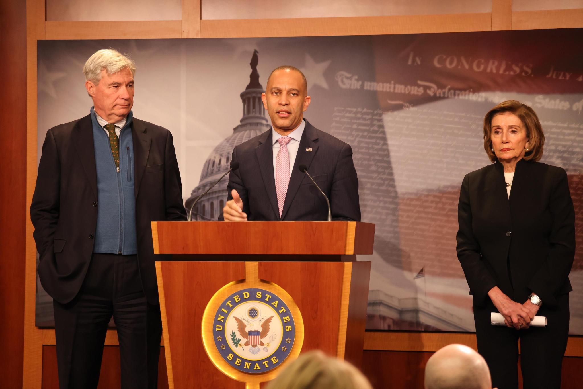 From left to right: Senator Sheldon Whitehouse, Leader Jeffries and Speaker Emerita Pelosi speaking at press conference