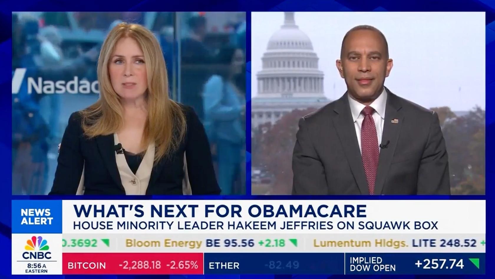 Becky Quick (left) and Leader Jeffries (right) appearing on CNBC's Squawk Box