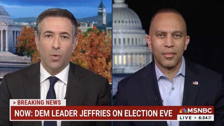 Ari Melber (left) and Leader Jeffries (right) appearing on MSNBC's The Beat with Ari Melber