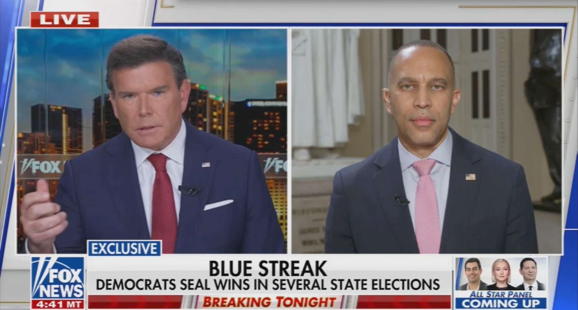 Bret Baier (left) and Leader Jeffries (right) appearing on FOX News' Special Report with Bret Baier 