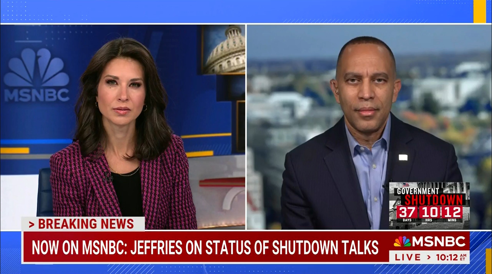 Ana Cabrera (left) and Leader Jeffries (right) appearing on MSNBC's Ana Cabrera Reports