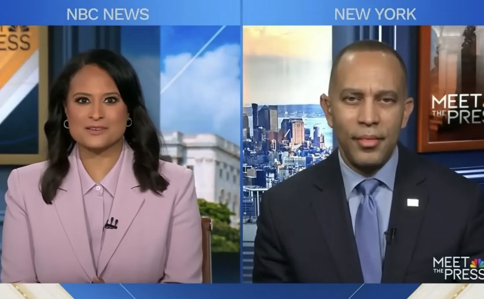 Kristen Welker (left) and Leader Jeffries (right) appearing on NBC's Meet the Press