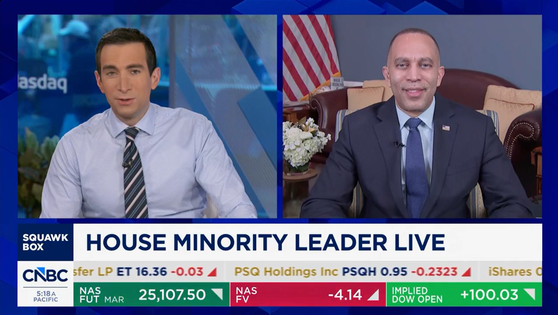 Andrew Ross Sorkin (left) and Leader Jeffries (right) appearing on screen