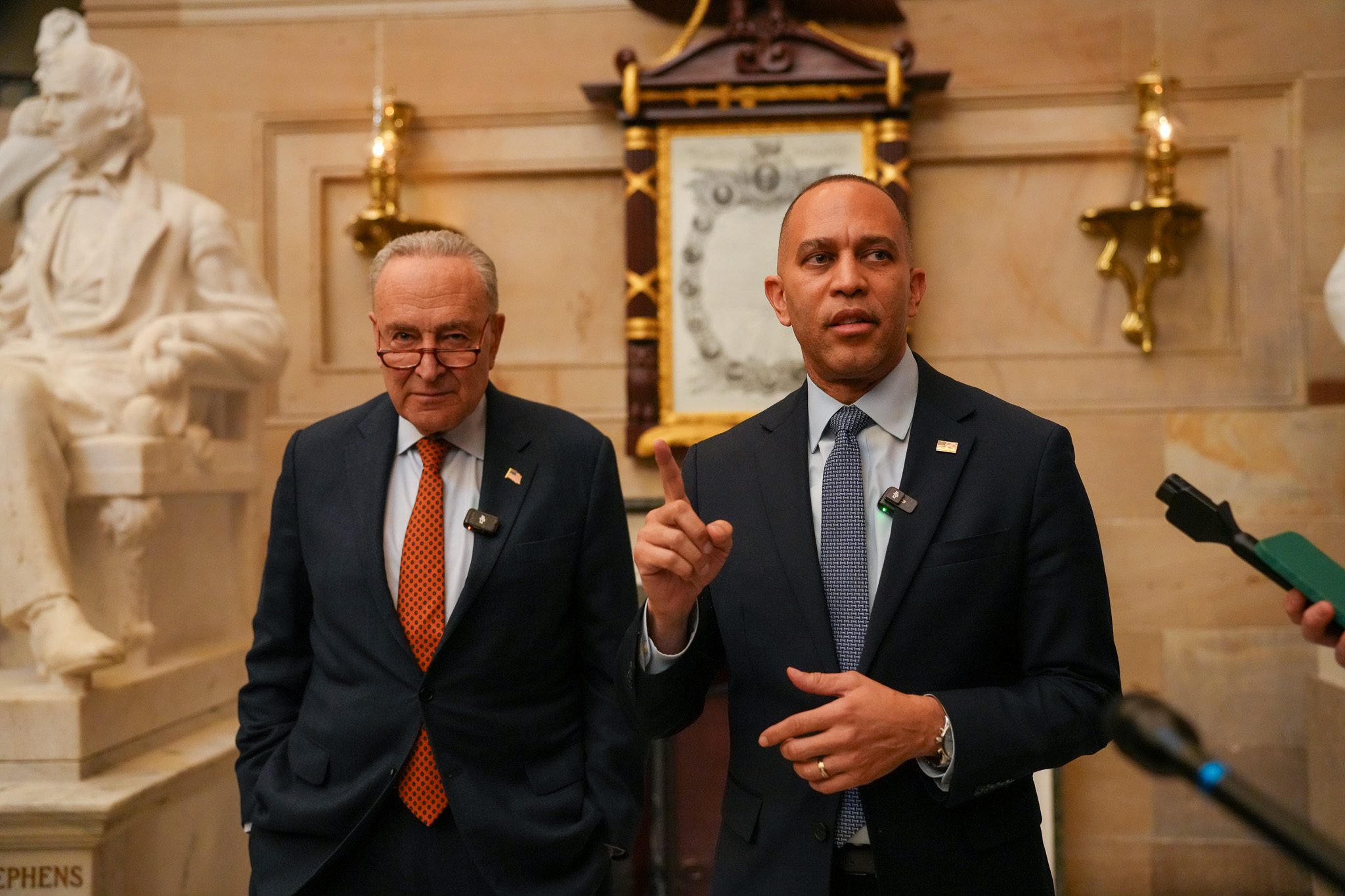 Leader Schumer (left) and Leader Jeffries (right) speaking at press gaggle in Statuary Hall