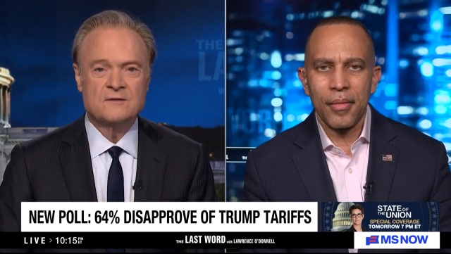 Lawrence O'Donnell (left) and Leader Jeffries (right) appearing on MS NOW's The Last Word with Lawrence O'Donnell