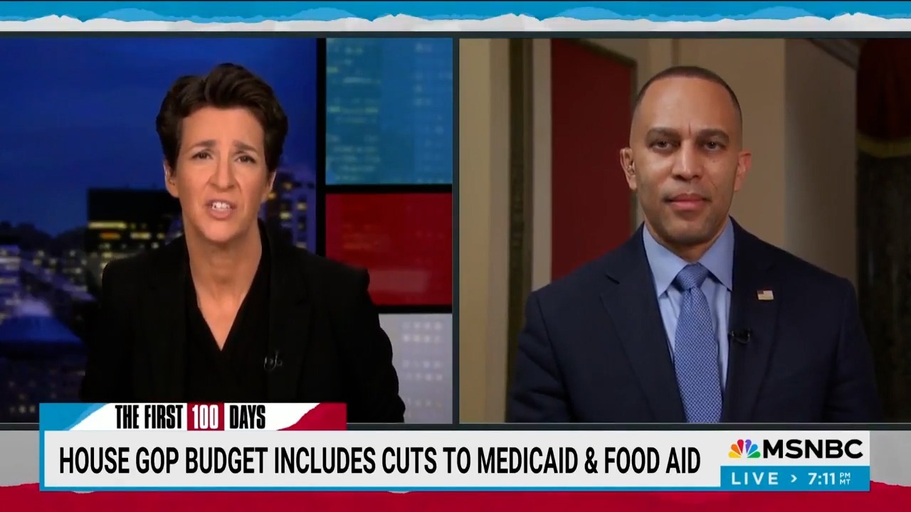 Rachel Maddow (left) and Leader Jeffries (right) appearing on screen