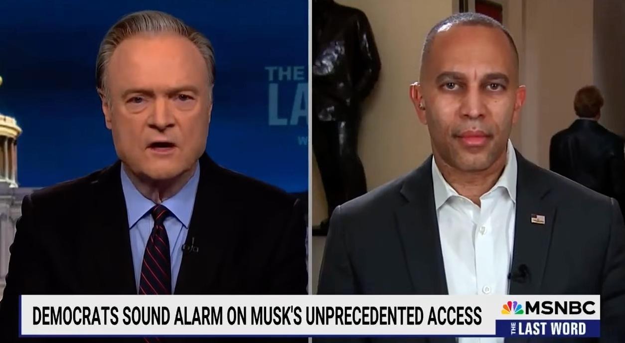 Lawrence O'Donnell (left) and Leader Jeffries (right) appearing on screen