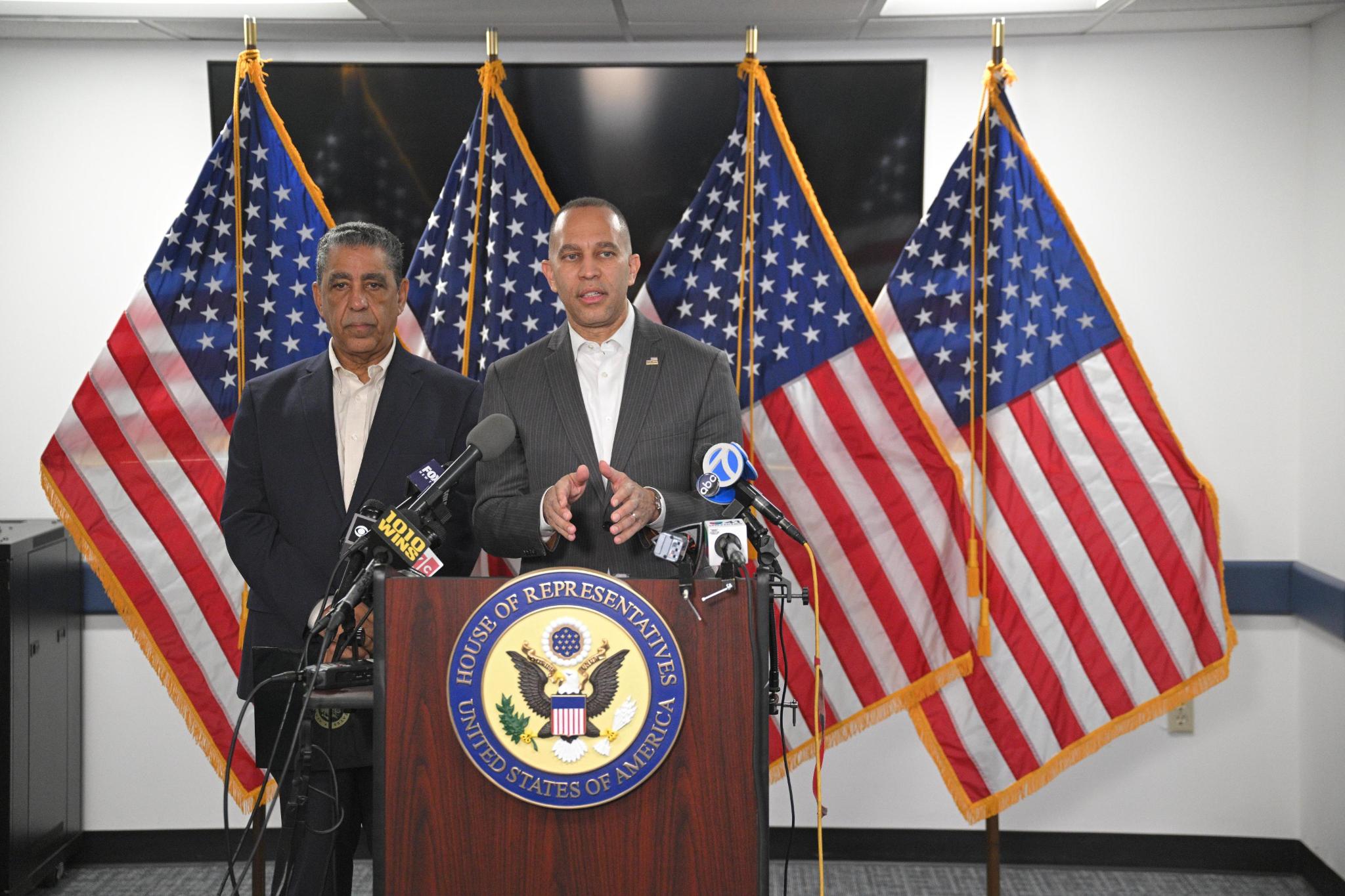 Leader Jeffries (left) speaking at press conference with Congressional Hispanic Caucus Chair Adriano Espaillat