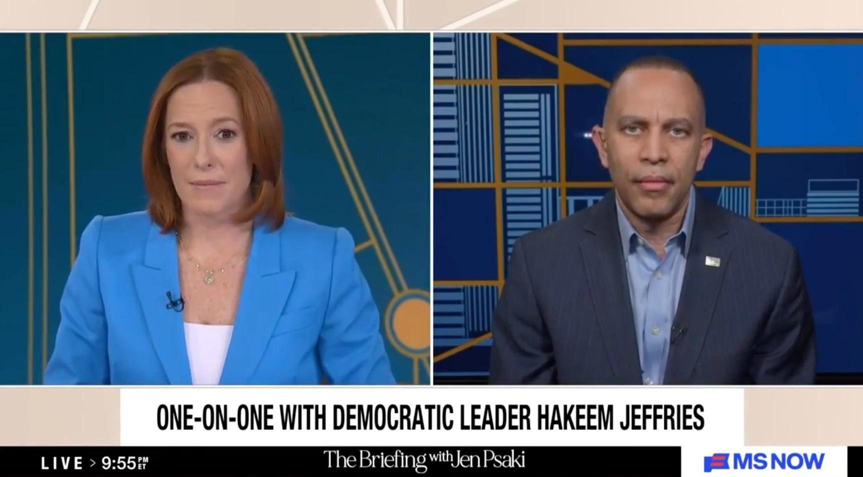 Jen Psaki (left) and Leader Jeffries (right) appearing on MS NOW's The Briefing with Jen Psaki