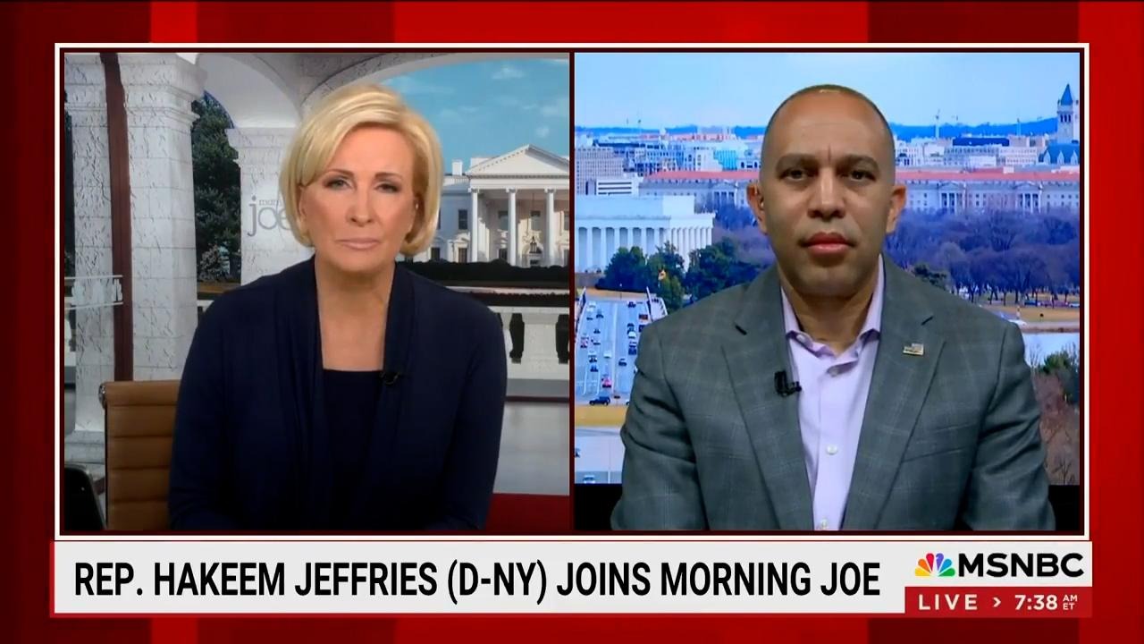 Mika Brzezinski (left) and Leader Jeffries (right) appearing on screen