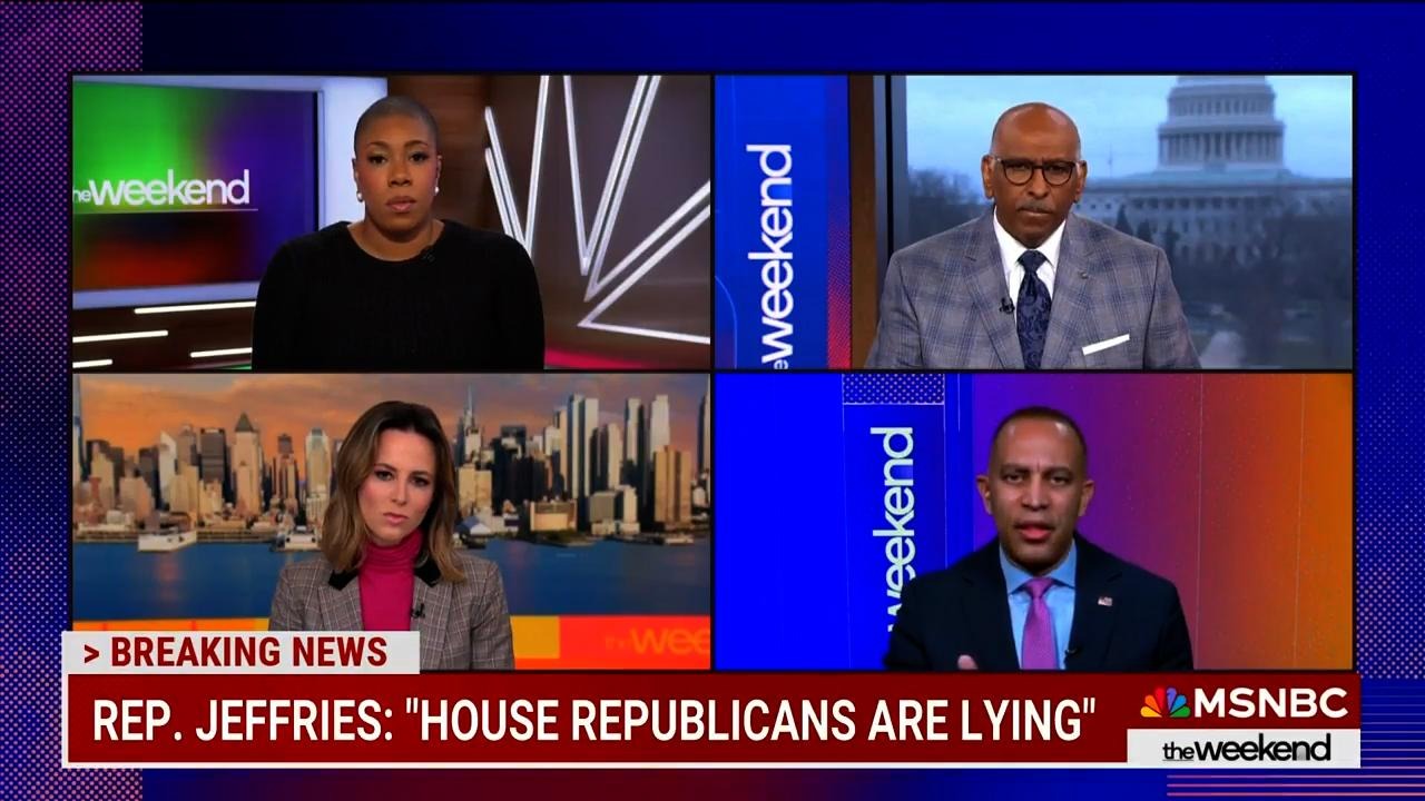 Clockwise from top left: Symone Sanders-Townsend, Michael Steele, Leader Jeffries and Alicia Menendez appearing on screen