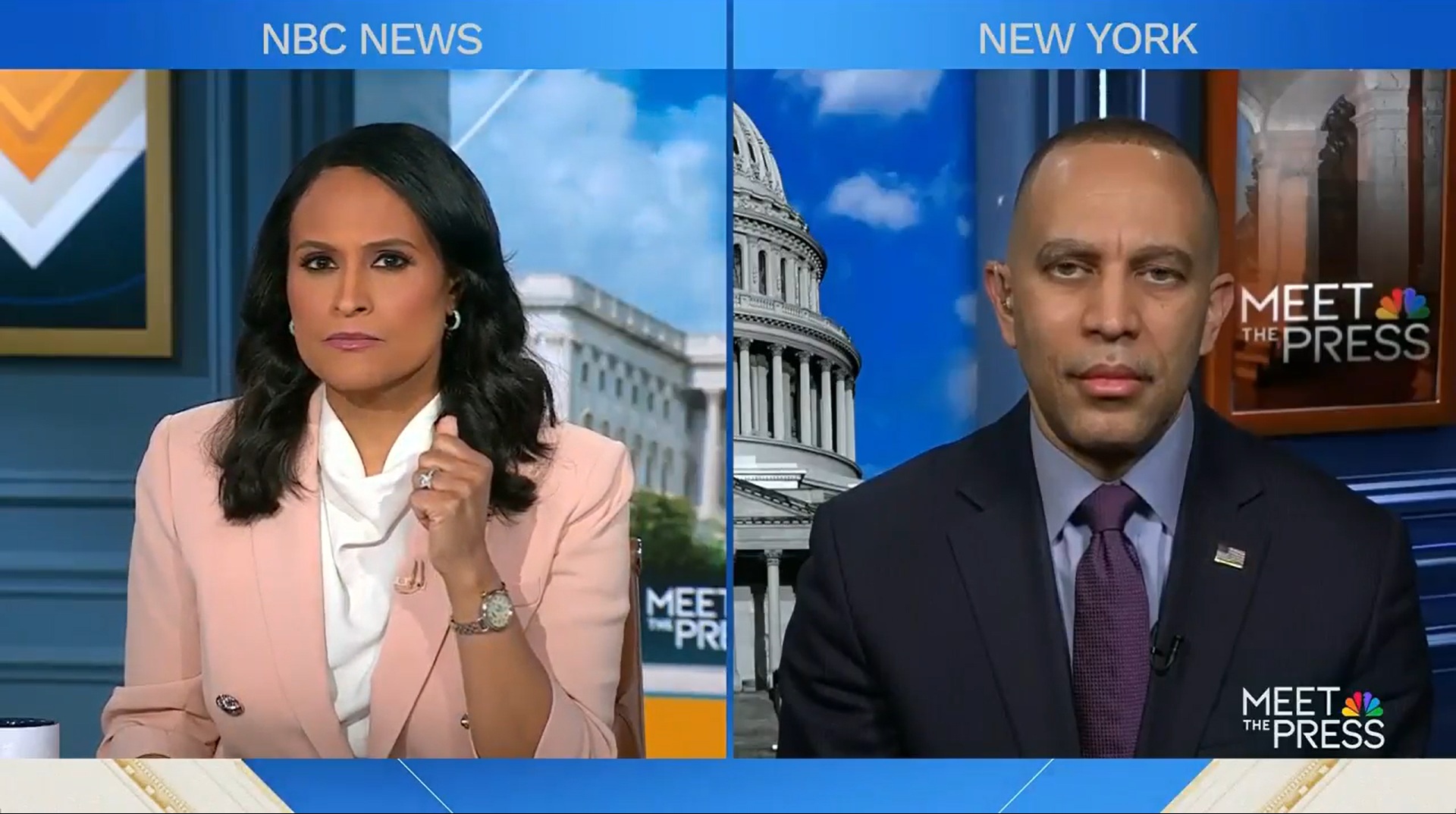 Kristen Welker (left) and Leader Jeffries (right) appearing on NBC's Meet the Press