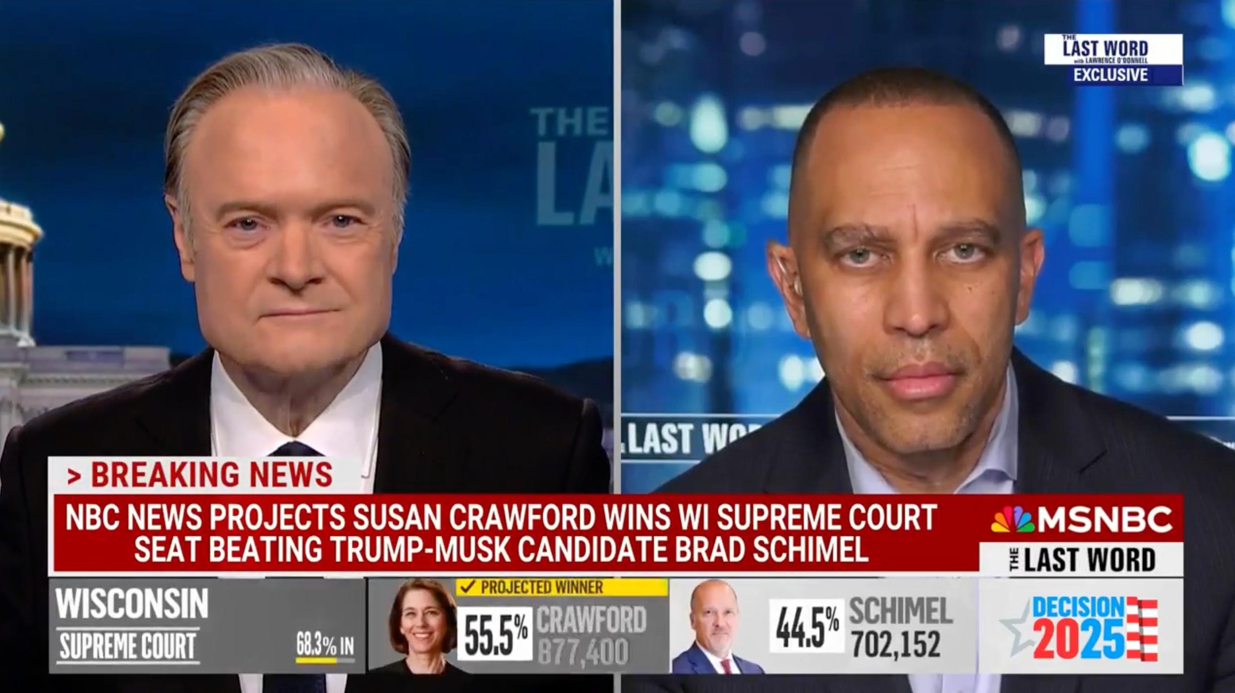 Lawrence O'Donnell (left) and Leader Jeffries (right) on screen