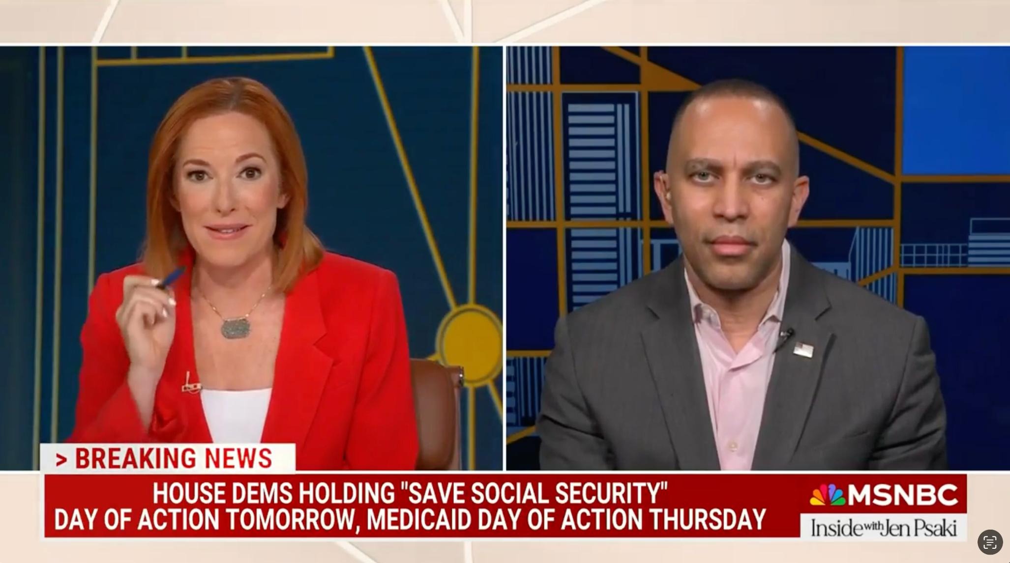 Jen Psaki (left) and Leader Jeffries (right) appearing on screen