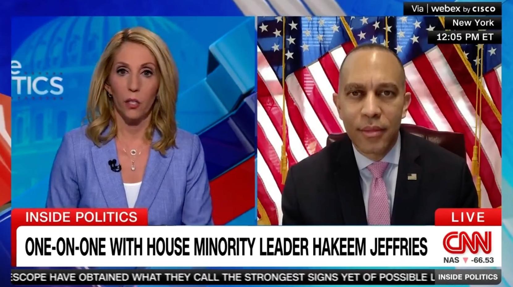 Dana Bash (left) and Leader Jeffries (right) appearing on screen