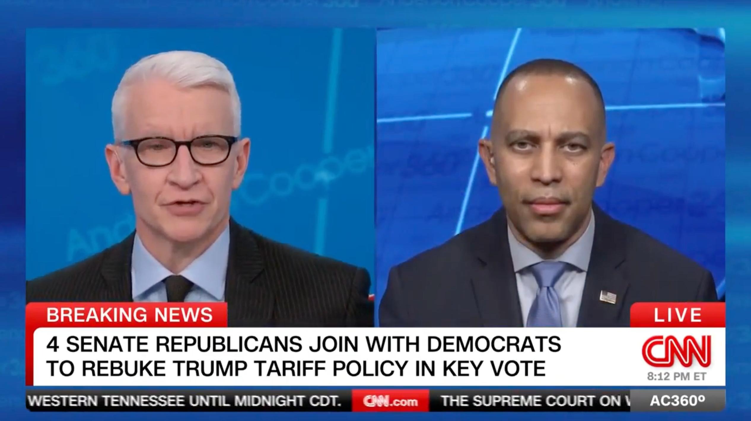 Anderson Cooper (left) and Leader Jeffries (right) appearing on screen